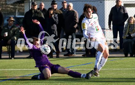 Fussball Bundesliga. 2. Liga. Testspiel. RZ Pellets WAC gegen SK Austria Klagenfurt. Joshua Steiger,  (WAC), Florian Freissegger (Klagenfurt). St. Andrae, am 11.1.2020.
Foto: Kuess
www.qspictures.net
---
pressefotos, pressefotografie, kuess, qs, qspictures, sport, bild, bilder, bilddatenbank