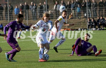 Fussball Bundesliga. 2. Liga. Testspiel. RZ Pellets WAC gegen SK Austria Klagenfurt. Marcel Holzer,  (WAC), Polydoros Gkezos (Klagenfurt). St. Andrae, am 11.1.2020.
Foto: Kuess
www.qspictures.net
---
pressefotos, pressefotografie, kuess, qs, qspictures, sport, bild, bilder, bilddatenbank