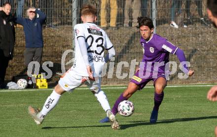 Fussball Bundesliga. 2. Liga. Testspiel. RZ Pellets WAC gegen SK Austria Klagenfurt. Lukas Schoefl,  (WAC),  Julian von Haacke (Klagenfurt). St. Andrae, am 11.1.2020.
Foto: Kuess
www.qspictures.net
---
pressefotos, pressefotografie, kuess, qs, qspictures, sport, bild, bilder, bilddatenbank