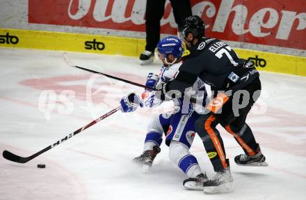 EBEL. Eishockey Bundesliga. VSV gegen Dornbirn Bulldogs.  Nico Brunner,  (VSV), Keaton Fraser Ellerby (Dornbirn). Villach, am 14.1.2020.
Foto: Kuess
www.qspictures.net
---
pressefotos, pressefotografie, kuess, qs, qspictures, sport, bild, bilder, bilddatenbank