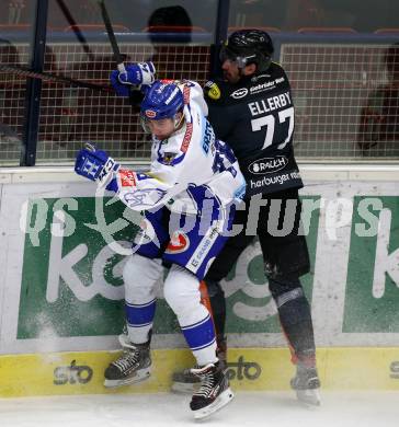 EBEL. Eishockey Bundesliga. VSV gegen Dornbirn Bulldogs.  Felix Maxa,  (VSV), Keaton Fraser Ellerby (Dornbirn). Villach, am 14.1.2020.
Foto: Kuess
www.qspictures.net
---
pressefotos, pressefotografie, kuess, qs, qspictures, sport, bild, bilder, bilddatenbank