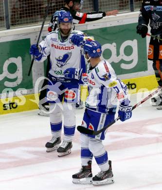 EBEL. Eishockey Bundesliga. VSV gegen Dornbirn Bulldogs. Torjubel Patrick Bjorkstrand, Nico Brunner  (VSV). Villach, am 14.1.2020.
Foto: Kuess
www.qspictures.net
---
pressefotos, pressefotografie, kuess, qs, qspictures, sport, bild, bilder, bilddatenbank