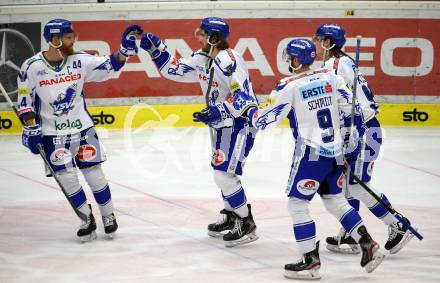 EBEL. Eishockey Bundesliga. VSV gegen Dornbirn Bulldogs.  Torjubel Jamie Fraser, Chris Collins, Anton Karlsson, Kevin Schmidt (VSV). Villach, am 14.1.2020.
Foto: Kuess
www.qspictures.net
---
pressefotos, pressefotografie, kuess, qs, qspictures, sport, bild, bilder, bilddatenbank