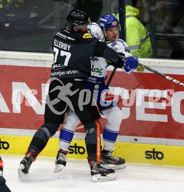 EBEL. Eishockey Bundesliga. VSV gegen Dornbirn Bulldogs.  Felix Maxa,  (VSV), Keaton Fraser Ellerby (Dornbirn). Villach, am 14.1.2020.
Foto: Kuess
www.qspictures.net
---
pressefotos, pressefotografie, kuess, qs, qspictures, sport, bild, bilder, bilddatenbank