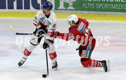 EBEL. Eishockey Bundesliga. KAC gegen	HC TWK Innsbruck. Manuel Ganahl,  (KAC),  Sacha Guimond (Innsbruck). Klagenfurt, am 17.1.2020.
Foto: Kuess
www.qspictures.net

---
pressefotos, pressefotografie, kuess, qs, qspictures, sport, bild, bilder, bilddatenbank