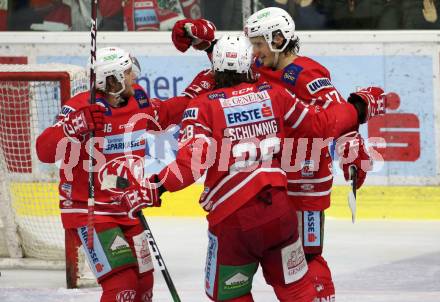 EBEL. Eishockey Bundesliga. KAC gegen	HC TWK Innsbruck. Torjubel Johannes Bischofberger, Martin Schumnig, Manuel Ganahl (KAC). Klagenfurt, am 17.1.2020.
Foto: Kuess
www.qspictures.net

---
pressefotos, pressefotografie, kuess, qs, qspictures, sport, bild, bilder, bilddatenbank