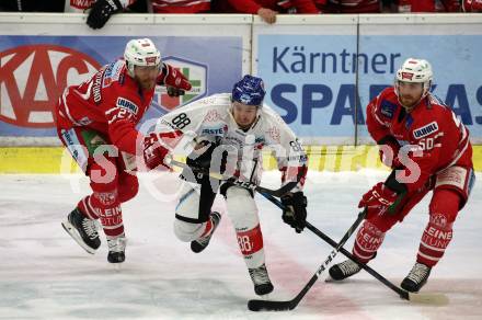 EBEL. Eishockey Bundesliga. KAC gegen	HC TWK Innsbruck. Thomas HUndertpfund, Matthew Neal,  (KAC),  Miha Zajc (Innsbruck). Klagenfurt, am 17.1.2020.
Foto: Kuess
www.qspictures.net

---
pressefotos, pressefotografie, kuess, qs, qspictures, sport, bild, bilder, bilddatenbank