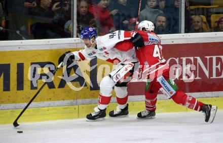 EBEL. Eishockey Bundesliga. KAC gegen	HC TWK Innsbruck. Johannes Bischofberger,  (KAC),  Sacha Guimond (Innsbruck). Klagenfurt, am 17.1.2020.
Foto: Kuess
www.qspictures.net

---
pressefotos, pressefotografie, kuess, qs, qspictures, sport, bild, bilder, bilddatenbank