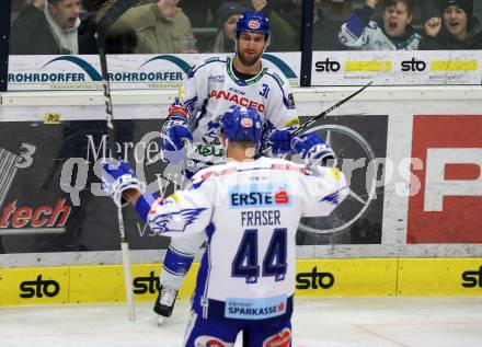 EBEL. Eishockey Bundesliga. VSV gegen HC Orli Znojmo.  Torjubel Jamie Fraser, Jerry Pollastrone,  (VSV). Villach, am 19.1.2020.
Foto: Kuess
www.qspictures.net
---
pressefotos, pressefotografie, kuess, qs, qspictures, sport, bild, bilder, bilddatenbank