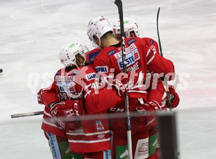 EBEL. Eishockey Bundesliga. KAC gegen	EC Red Bull Salzburg. Torjubel Bischofberger Johannes, Comrie Adam, Unterweger Clemens, Obersteiner Daniel (KAC). Klagenfurt, am 18.2.2020.
Foto: Kuess
www.qspictures.net

---
pressefotos, pressefotografie, kuess, qs, qspictures, sport, bild, bilder, bilddatenbank