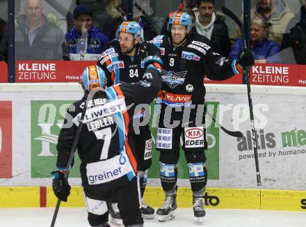 EBEL. Eishockey Bundesliga. VSV gegen EHC Liwest Black Wings Linz.   Torjubel Dragan Umicevic, Rick Schofield, Brian Lebler (Linz). Villach, am 18.2.2020.
Foto: Kuess
www.qspictures.net
---
pressefotos, pressefotografie, kuess, qs, qspictures, sport, bild, bilder, bilddatenbank