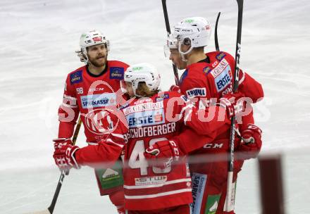 EBEL. Eishockey Bundesliga. KAC gegen	EC Red Bull Salzburg. Torjubel Bischofberger Johannes, Comrie Adam, Unterweger Clemens, Obersteiner Daniel (KAC). Klagenfurt, am 18.2.2020.
Foto: Kuess
www.qspictures.net

---
pressefotos, pressefotografie, kuess, qs, qspictures, sport, bild, bilder, bilddatenbank