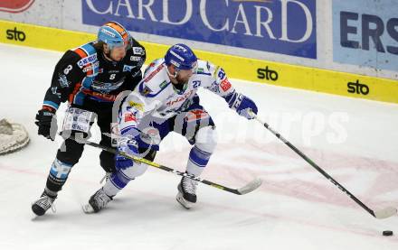 EBEL. Eishockey Bundesliga. VSV gegen EHC Liwest Black Wings Linz.   Markus Schlacher, (VSV),  Laurens Ober  (Linz). Villach, am 18.2.2020.
Foto: Kuess
www.qspictures.net
---
pressefotos, pressefotografie, kuess, qs, qspictures, sport, bild, bilder, bilddatenbank