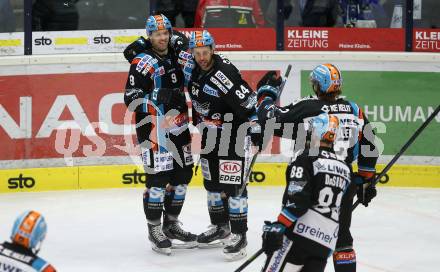 EBEL. Eishockey Bundesliga. VSV gegen EHC Liwest Black Wings Linz.   Torjubel Rick Schofield, Dragan Umicevic, Dan Dasilva, Brian Lebler (Linz). Villach, am 18.2.2020.
Foto: Kuess
www.qspictures.net
---
pressefotos, pressefotografie, kuess, qs, qspictures, sport, bild, bilder, bilddatenbank