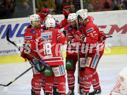 EBEL. Eishockey Bundesliga. KAC gegen	EC Red Bull Salzburg. Torjubel  Ticar Rok, Kozek Andrew Jacob, Koch Thomas, Neal Matthew, Fischer David Joseph (KAC). Klagenfurt, am 18.2.2020.
Foto: Kuess
www.qspictures.net

---
pressefotos, pressefotografie, kuess, qs, qspictures, sport, bild, bilder, bilddatenbank