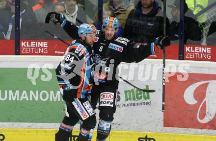 EBEL. Eishockey Bundesliga. VSV gegen EHC Liwest Black Wings Linz.   Torjubel Dragan Umicevic, Rick Schofield (Linz). Villach, am 18.2.2020.
Foto: Kuess
www.qspictures.net
---
pressefotos, pressefotografie, kuess, qs, qspictures, sport, bild, bilder, bilddatenbank