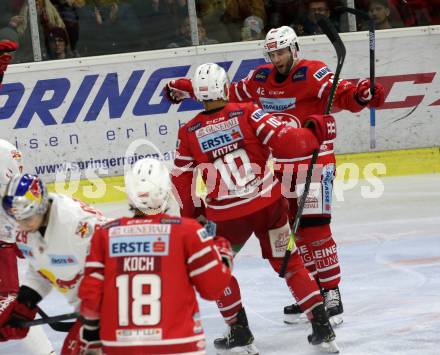 EBEL. Eishockey Bundesliga. KAC gegen	EC Red Bull Salzburg. Torjubel Ticar Rok, Kozek Andrew Jacob,  (KAC). Klagenfurt, am 18.2.2020.
Foto: Kuess
www.qspictures.net

---
pressefotos, pressefotografie, kuess, qs, qspictures, sport, bild, bilder, bilddatenbank