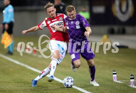 Fussball. 2. Liga. SK Austria Klagenfurt gegen SV Guntamatic Ried.  Markus Rusek,  (Klagenfurt), Marcel Ziegl (Ried). Klagenfurt, am 21.2.2020.
Foto: Kuess
www.qspictures.net
---
pressefotos, pressefotografie, kuess, qs, qspictures, sport, bild, bilder, bilddatenbank