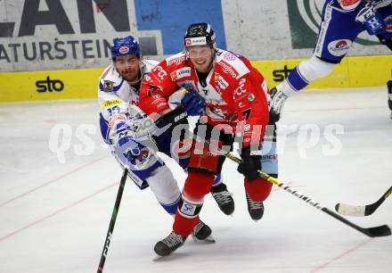 EBEL. Eishockey Bundesliga. VSV gegen HC Orli Znojmo.  Collins Chris (VSV),  Flick Robert (Znojmo). Villach, am 21.2.2020.
Foto: Kuess
www.qspictures.net
---
pressefotos, pressefotografie, kuess, qs, qspictures, sport, bild, bilder, bilddatenbank