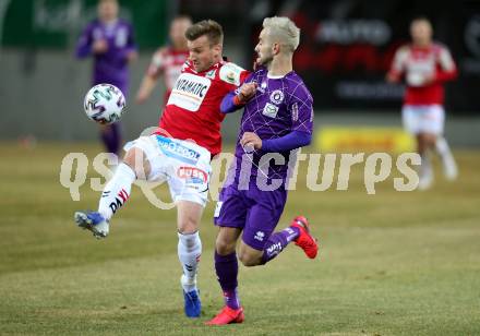 Fussball. 2. Liga. SK Austria Klagenfurt gegen SV Guntamatic Ried.  Okan Aydin,  (Klagenfurt), Manuel Kerhe (Ried). Klagenfurt, am 21.2.2020.
Foto: Kuess
www.qspictures.net
---
pressefotos, pressefotografie, kuess, qs, qspictures, sport, bild, bilder, bilddatenbank