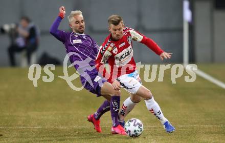 Fussball. 2. Liga. SK Austria Klagenfurt gegen SV Guntamatic Ried.  Okan Aydin,  (Klagenfurt), Manuel Kerhe (Ried). Klagenfurt, am 21.2.2020.
Foto: Kuess
www.qspictures.net
---
pressefotos, pressefotografie, kuess, qs, qspictures, sport, bild, bilder, bilddatenbank