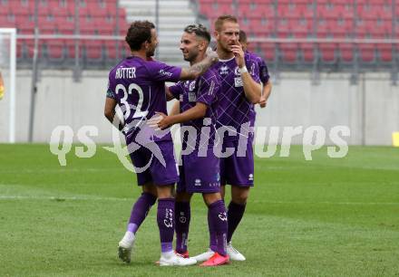 Fussball. 2. Liga. SK Austria Klagenfurt gegen Floridsdorfer AC Wien.  Torjubel Philipp Huetter, Markus Rusek, Okan Aydin (Klagenfurt). Klagenfurt, am 18.7.2020.
Foto: Kuess
www.qspictures.net
---
pressefotos, pressefotografie, kuess, qs, qspictures, sport, bild, bilder, bilddatenbank