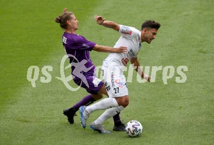 Fussball. 2. Liga. SK Austria Klagenfurt gegen Floridsdorfer AC Wien.  Patrick Greil,  (Klagenfurt), Marco Krainz (FAC Wien). Klagenfurt, am 18.7.2020.
Foto: Kuess
www.qspictures.net
---
pressefotos, pressefotografie, kuess, qs, qspictures, sport, bild, bilder, bilddatenbank