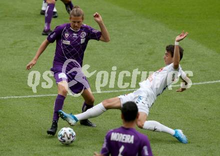 Fussball. 2. Liga. SK Austria Klagenfurt gegen Floridsdorfer AC Wien.  Patrick Greil,  (Klagenfurt), Pascal Fischer (FAC Wien). Klagenfurt, am 18.7.2020.
Foto: Kuess
www.qspictures.net
---
pressefotos, pressefotografie, kuess, qs, qspictures, sport, bild, bilder, bilddatenbank