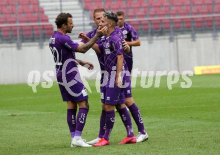 Fussball. 2. Liga. SK Austria Klagenfurt gegen Floridsdorfer AC Wien.  Torjubel Philipp Huetter, Markus Rusek, Okan Aydin (Klagenfurt). Klagenfurt, am 18.7.2020.
Foto: Kuess
www.qspictures.net
---
pressefotos, pressefotografie, kuess, qs, qspictures, sport, bild, bilder, bilddatenbank