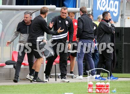 Fussball. 2. Liga. SK Austria Klagenfurt gegen Floridsdorfer AC Wien.  Jubel Matthias Imhof, Trainer Robert Micheu, Co-trainer Martin Lassnig,  (Klagenfurt). Klagenfurt, am 18.7.2020.
Foto: Kuess
www.qspictures.net
---
pressefotos, pressefotografie, kuess, qs, qspictures, sport, bild, bilder, bilddatenbank