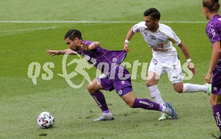 Fussball. 2. Liga. SK Austria Klagenfurt gegen Floridsdorfer AC Wien.  Maximiliano Moreira Romero,  (Klagenfurt), Tolga Guenes (FAC Wien). Klagenfurt, am 18.7.2020.
Foto: Kuess
www.qspictures.net
---
pressefotos, pressefotografie, kuess, qs, qspictures, sport, bild, bilder, bilddatenbank