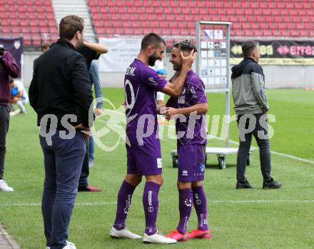 Fussball. 2. Liga. SK Austria Klagenfurt gegen Floridsdorfer AC Wien.  Jubel Kosmas Gkezos, Okan Aydin (Klagenfurt). Klagenfurt, am 18.7.2020.
Foto: Kuess
www.qspictures.net
---
pressefotos, pressefotografie, kuess, qs, qspictures, sport, bild, bilder, bilddatenbank