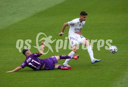 Fussball. 2. Liga. SK Austria Klagenfurt gegen Floridsdorfer AC Wien.  Okan Aydin, (Klagenfurt), Albin Gashi  (FAC Wien). Klagenfurt, am 18.7.2020.
Foto: Kuess
www.qspictures.net
---
pressefotos, pressefotografie, kuess, qs, qspictures, sport, bild, bilder, bilddatenbank