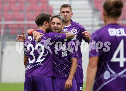 Fussball. 2. Liga. SK Austria Klagenfurt gegen Floridsdorfer AC Wien.  Torjubel Philipp Huetter,  Okan Aydin, Ivan Saravanja (Klagenfurt). Klagenfurt, am 18.7.2020.
Foto: Kuess
www.qspictures.net
---
pressefotos, pressefotografie, kuess, qs, qspictures, sport, bild, bilder, bilddatenbank