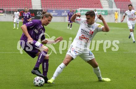 Fussball. 2. Liga. SK Austria Klagenfurt gegen Floridsdorfer AC Wien.  Patrick Greil,  (Klagenfurt), Bernhard Fila (FAC Wien). Klagenfurt, am 18.7.2020.
Foto: Kuess
www.qspictures.net
---
pressefotos, pressefotografie, kuess, qs, qspictures, sport, bild, bilder, bilddatenbank