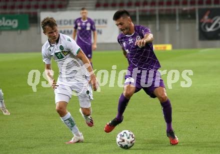 Fussball. 2. Liga. SK Austria Klagenfurt gegen Wacker Innsbruck.  Darijo Pecirep,  (Klagenfurt),  Felix Mandl  (Innsbruck). Klagenfurt, am 31.7.2020.
Foto: Kuess
www.qspictures.net
---
pressefotos, pressefotografie, kuess, qs, qspictures, sport, bild, bilder, bilddatenbank