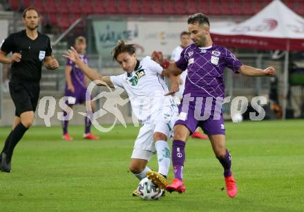 Fussball. 2. Liga. SK Austria Klagenfurt gegen Wacker Innsbruck.  Okan Aydin, (Klagenfurt), Raphael Galle (Innsbruck). Klagenfurt, am 31.7.2020.
Foto: Kuess
www.qspictures.net
---
pressefotos, pressefotografie, kuess, qs, qspictures, sport, bild, bilder, bilddatenbank