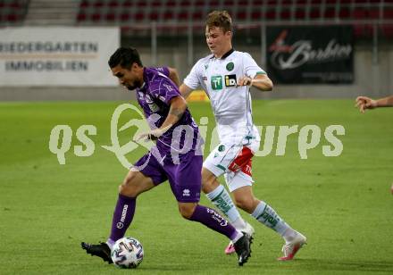 Fussball. 2. Liga. SK Austria Klagenfurt gegen Wacker Innsbruck.  Maximiliano Moreira (Klagenfurt), Felix Mandl (Innsbruck). Klagenfurt, am 31.7.2020.
Foto: Kuess
www.qspictures.net
---
pressefotos, pressefotografie, kuess, qs, qspictures, sport, bild, bilder, bilddatenbank