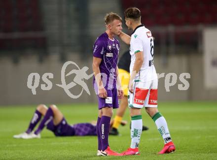 Fussball. 2. Liga. SK Austria Klagenfurt gegen Wacker Innsbruck.  Florian Freissegger, (Klagenfurt), Robert Martic (Innsbruck). Klagenfurt, am 31.7.2020.
Foto: Kuess
www.qspictures.net
---
pressefotos, pressefotografie, kuess, qs, qspictures, sport, bild, bilder, bilddatenbank