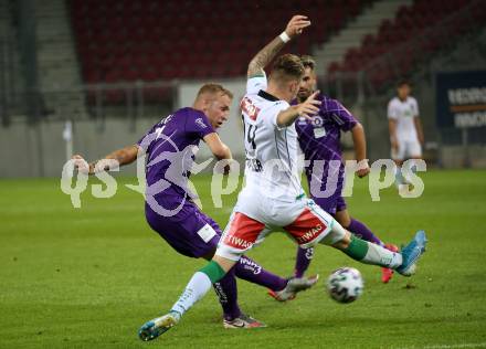 Fussball. 2. Liga. SK Austria Klagenfurt gegen Wacker Innsbruck.  Florian Jaritz,  (Klagenfurt),  	Thomas Kofler (Innsbruck). Klagenfurt, am 31.7.2020.
Foto: Kuess
www.qspictures.net
---
pressefotos, pressefotografie, kuess, qs, qspictures, sport, bild, bilder, bilddatenbank