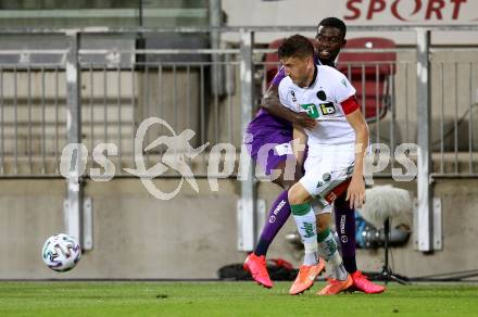 Fussball. 2. Liga. SK Austria Klagenfurt gegen Wacker Innsbruck.  Mc Moordy Huether (Klagenfurt), Lukas Hupfauf (Innsbruck). Klagenfurt, am 31.7.2020.
Foto: Kuess
www.qspictures.net
---
pressefotos, pressefotografie, kuess, qs, qspictures, sport, bild, bilder, bilddatenbank