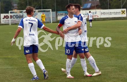 Fussball Kaerntner Liga. Kraig gegen Treibach. Torjubel  Lukas Maximilian Pippan, Kevin Vaschauner  (Treibach). Kraig, am 7.8.2020.
Foto: Kuess
---
pressefotos, pressefotografie, kuess, qs, qspictures, sport, bild, bilder, bilddatenbank