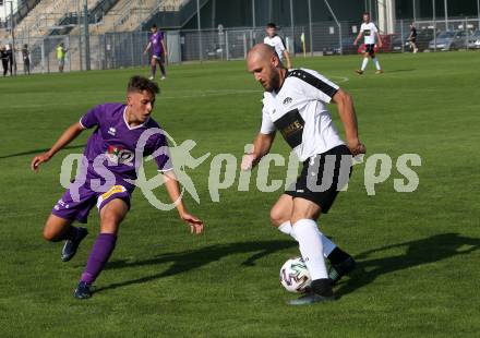 Fussball. Unterliga Ost. Austria Klagenfurt Amateure gegen ASK Klagenfurt.  Fabio Markelic (Austria Klagenfurt Amat.),  Christian Dlopst (ASK Klagenfurt). Klagenfurt, 9.8.2020.
Foto: Kuess
---
pressefotos, pressefotografie, kuess, qs, qspictures, sport, bild, bilder, bilddatenbank