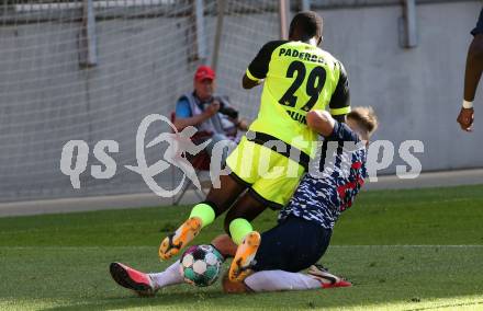 Fussball Testspiel. SK Austria Klagenfurt gegen SC Paderborn 07.  Florian Freissegger,  (Klagenfurt), Jamilu Collins (Paderborn). Klagenfurt, am 19.8.2020.
Foto: Kuess
www.qspictures.net
---
pressefotos, pressefotografie, kuess, qs, qspictures, sport, bild, bilder, bilddatenbank