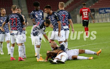 Fussball OEFB Cup. SK Austria KLagenfurt gegen Stadl-Paura. Torjubel Kosmas Gkezos, Fabio Markelic, Okan Aydin (Klagenfurt). KLagenfurt, am 28.8.2020.
Foto: Kuess
---
pressefotos, pressefotografie, kuess, qs, qspictures, sport, bild, bilder, bilddatenbank