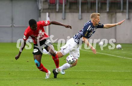 Fussball OEFB Cup. SK Austria KLagenfurt gegen Stadl-Paura. Christopher Cvetko,  (Klagenfurt), William Boli Bagrou  (Stadl-Paura). KLagenfurt, am 28.8.2020.
Foto: Kuess
---
pressefotos, pressefotografie, kuess, qs, qspictures, sport, bild, bilder, bilddatenbank