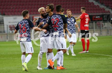 Fussball OEFB Cup. SK Austria KLagenfurt gegen Stadl-Paura. Torjubel Markus Pink, Torsten Mahrer, Kosmas Gkezos, Oliver Markoutz (Klagenfurt). KLagenfurt, am 28.8.2020.
Foto: Kuess
---
pressefotos, pressefotografie, kuess, qs, qspictures, sport, bild, bilder, bilddatenbank