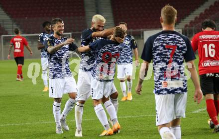 Fussball OEFB Cup. SK Austria KLagenfurt gegen Stadl-Paura. Torjubel Philipp Huetter, Kosmas Gkezos, Fabio Markelic (Klagenfurt). KLagenfurt, am 28.8.2020.
Foto: Kuess
---
pressefotos, pressefotografie, kuess, qs, qspictures, sport, bild, bilder, bilddatenbank