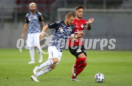 Fussball OEFB Cup. SK Austria KLagenfurt gegen Stadl-Paura. Markus Rusek,   (Klagenfurt), Dino Medjedovic (Stadl-Paura). KLagenfurt, am 28.8.2020.
Foto: Kuess
---
pressefotos, pressefotografie, kuess, qs, qspictures, sport, bild, bilder, bilddatenbank