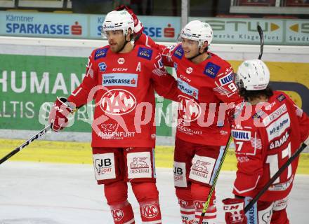 EBEL. Eishockey Bundesliga. KAC gegen	EC Red Bull Salzburg. Torjubel Thomas Hundertpfund, Clemens Unterweger, Manuel Ganahl (KAC). Klagenfurt, am 22.11.2020.
Foto: Kuess
www.qspictures.net

---
pressefotos, pressefotografie, kuess, qs, qspictures, sport, bild, bilder, bilddatenbank